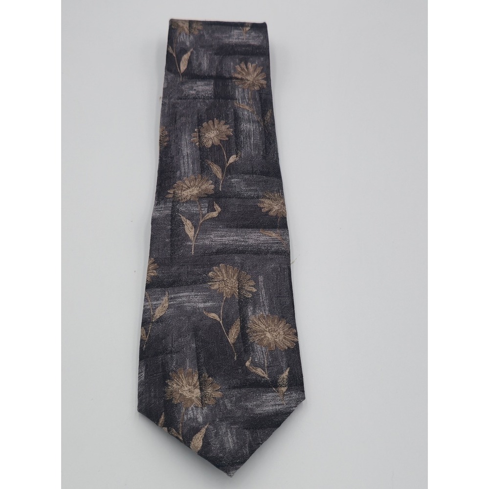 Mondo Uomo Mens Silk Tie Floral Gold Grey Black Hand Made in Italy 4 Inch Width